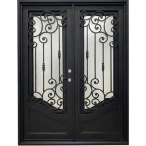 Beautiful hand-made medieval iron door with kickplate and scrollwork