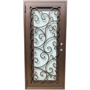 Single iron door with 2 bore holes copper color and frosted glass