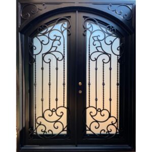 Black wrought iron front door with classic design and glass