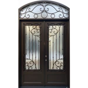 Hand-forged iron door with transom, color copper and operable windows