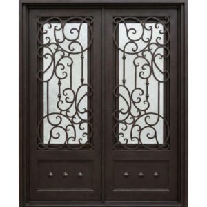 Double wrought iron door with kickplate and scrollwork