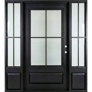 Single iron door with sidelights and kickplate black color and clear glass